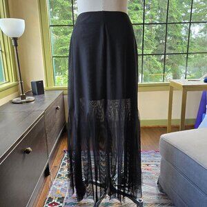 JS Collections Stretch Black Mesh Maxi Skirt Sheer/ Lined Slits/ Fringe  Size 16
